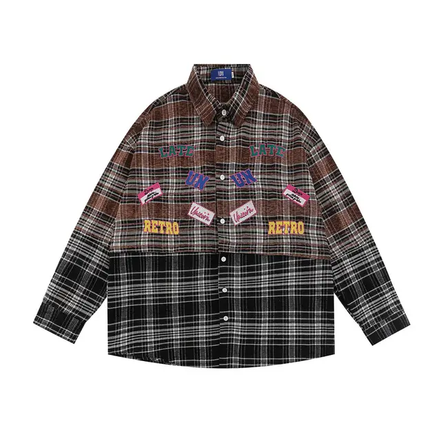 Plaid Coat Women's Spring And Autumn High Street Fashionable Design Stitching Embroidered Letter Long Sleeve Shirt Brown - Shop at LoveMi