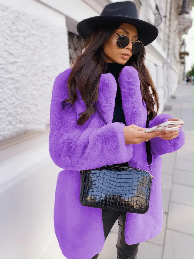 Temperament Long Sleeve Lapel Faux Fur Coat Solid Color Coat Women Fur Fur Women's Clothing Purple - Shop at LoveMi