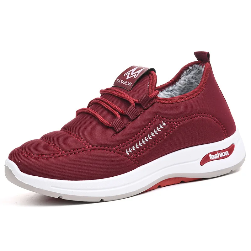 Velvet Shoes Female Insulated Cotton padded Shoes Flat Mom Shoes Cotton Boots Red - Shop at LoveMi