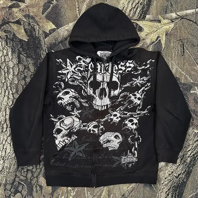 Punk Dark Skull Printed Hoodie Loose Zip Cardigan Sports Pullover Top Black 1 - Shop at LoveMi