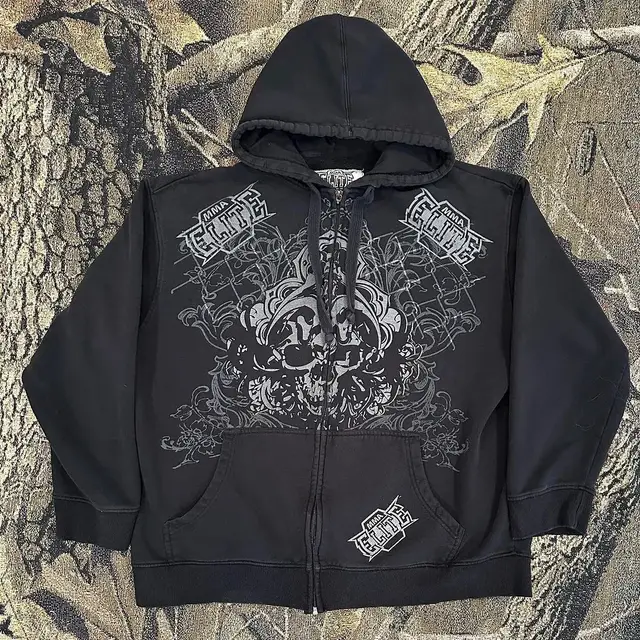Punk Dark Skull Printed Hoodie Loose Zip Cardigan Sports Pullover Top Black 2 - Shop at LoveMi