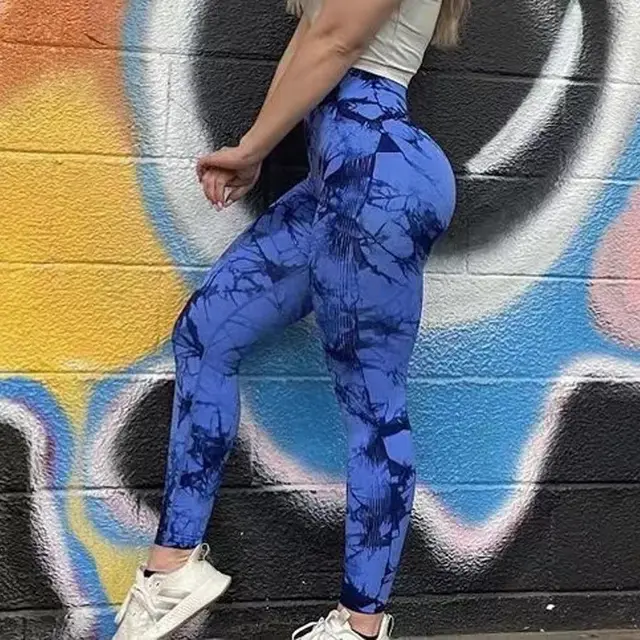 Women's Tie dye Printed High Waist Seamless Peach Yoga Tight Trousers Dark Blue - Shop at LoveMi