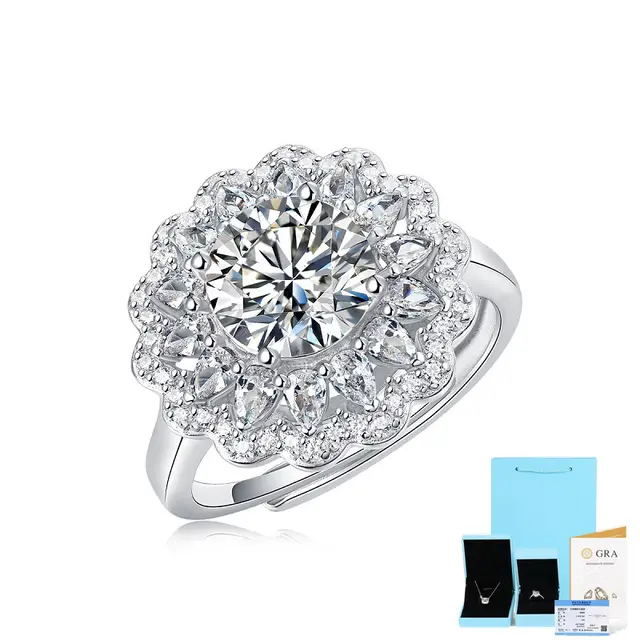 S925 Silver Moissanite Ring Flowers Female New Trendy Ring Adjustable Source Ring In Stock Generation Moissanite 2 Karat Gift Box - Shop at LoveMi