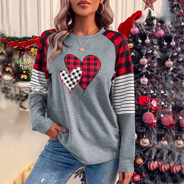 Women's Round Neck Long sleeved Sweater Women's Plaid Slabstone Gray - Shop at LoveMi