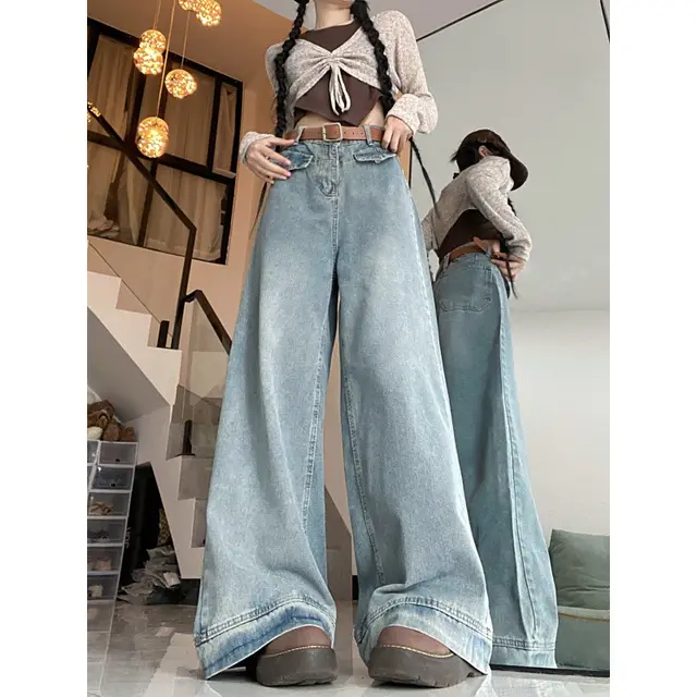 Denim Straight leg Pants High Waist Loose And Slimming Drape Mop Wide Leg Pants Light Blue - Shop at LoveMi