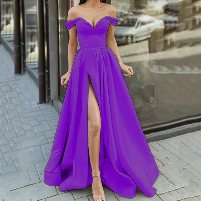Women's Clothing Multi color Tube Top V neck Backless Large Swing Split Sleeveless Dress Purple - Shop at LoveMi