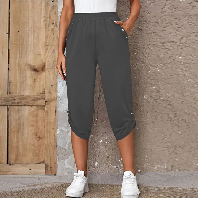 Fashion Cropped Trousers With An Elasticated Waist Women Dark Gray - Shop at LoveMi