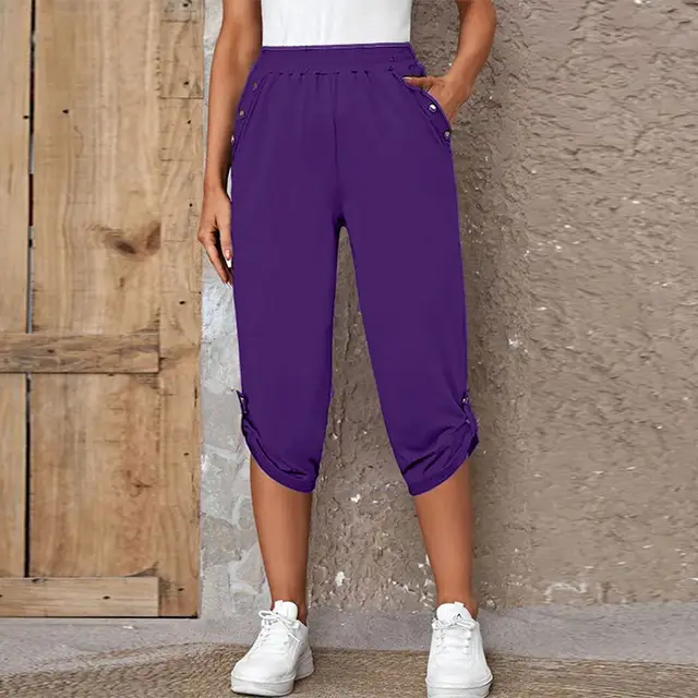 Fashion Cropped Trousers With An Elasticated Waist Women Purple - Shop at LoveMi