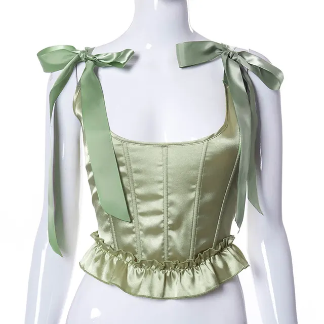 Fishbone Waist Bow Shoulder Strap Ruffled Top Green Q21Tp173 - Shop at LoveMi