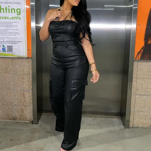 Off the shoulder Tube Top Tight fitting Cinched PU Leather Jumpsuit Black - Shop at LoveMi