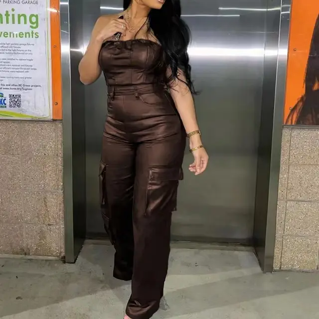 Off the shoulder Tube Top Tight fitting Cinched PU Leather Jumpsuit Brown - Shop at LoveMi