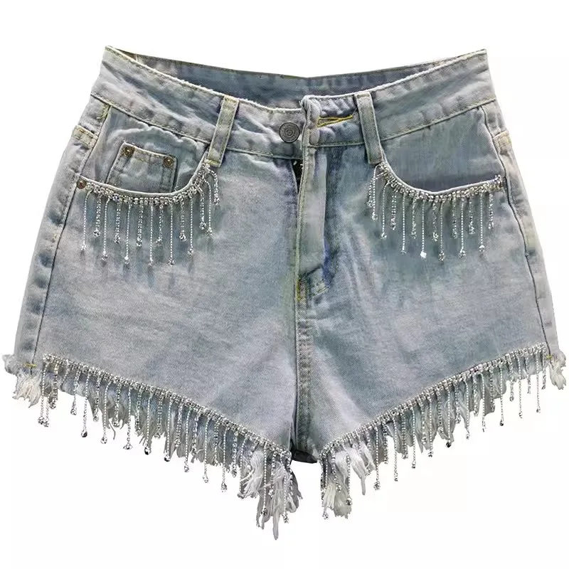 Summer High Waist Slimming Edging Heavy Industry Rhinestone Tassel Denim Shorts - Light Blue