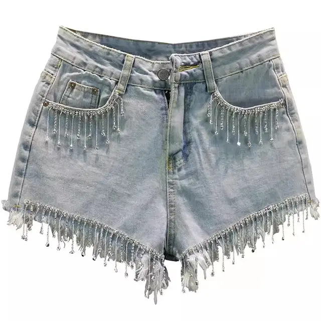 Summer High Waist Slimming Edging Heavy Industry Rhinestone Tassel Denim Shorts Light Blue - Shop at LoveMi