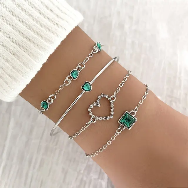 Retro Inlaid Lvzuan Square Chain Heart Bracelet Suit Estyle - Shop at LoveMi