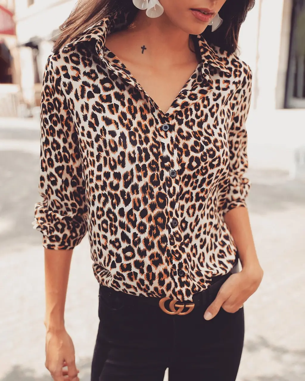 Leopard Print All-matching Shirt Women's Chiffon Shirt - Yellow