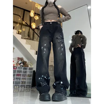 High Waist American Retro Five pointed Star Splash ink Design Straight leg Trousers Black - Shop at LoveMi