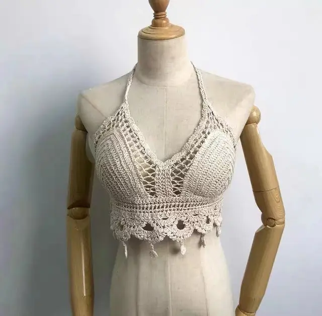 Lace up Halterneck Exposed Vest Female Openwork Knitted Top Apricot - Shop at LoveMi
