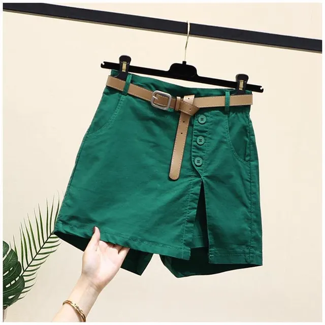 Summer New Button High Waist With Belt Cotton Shorts For Women Green With Belt - Shop at LoveMi