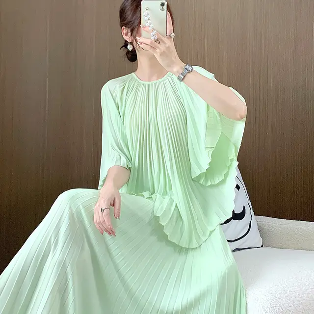 Female Bat Sleeve Pleated Chiffon Shirt Mint Green - Shop at LoveMi