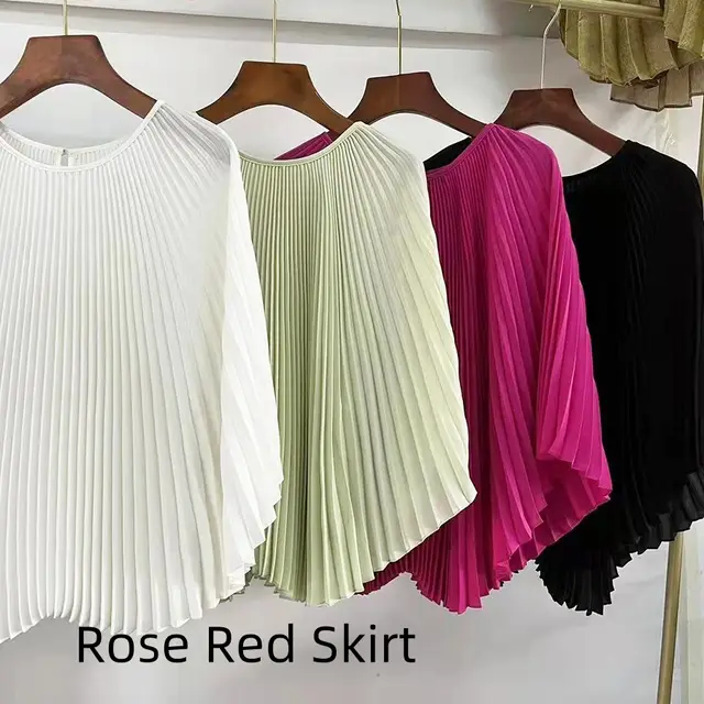 Female Bat Sleeve Pleated Chiffon Shirt Rose Red Skirt - Shop at LoveMi
