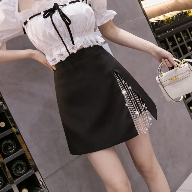 Drill Chain Tassel High Waist A Line Hip wrapped Pants Skirt Black - Shop at LoveMi