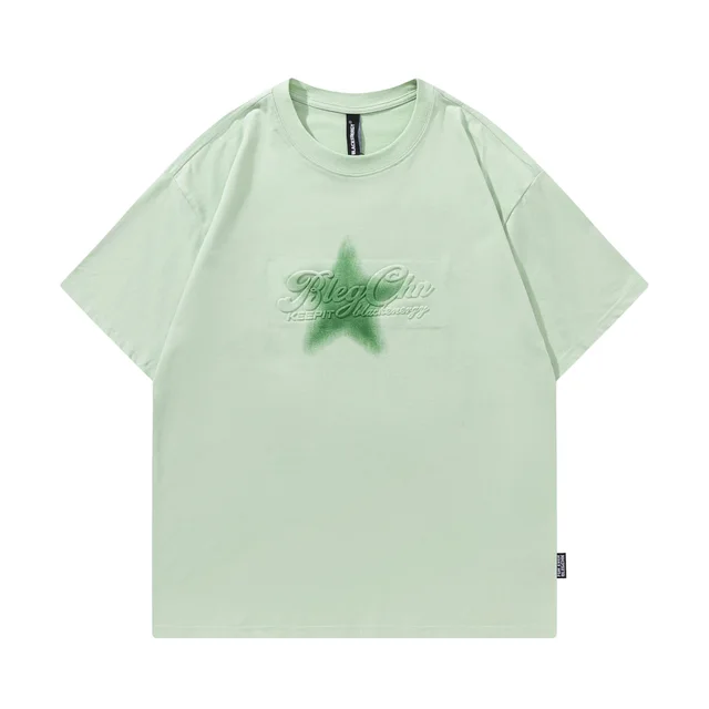 Retro Inkjet XINGX Loose Short Sleeve Men And Women Heavy Round Neck Half Sleeve T shirt Green - Shop at LoveMi