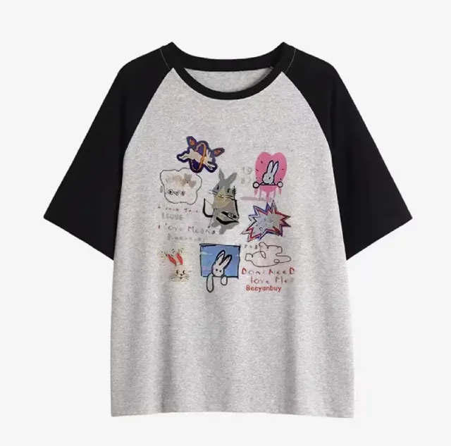American Retro Korean Type Idle Style Oversize Cotton Short Sleeve Black And Gray - Shop at LoveMi