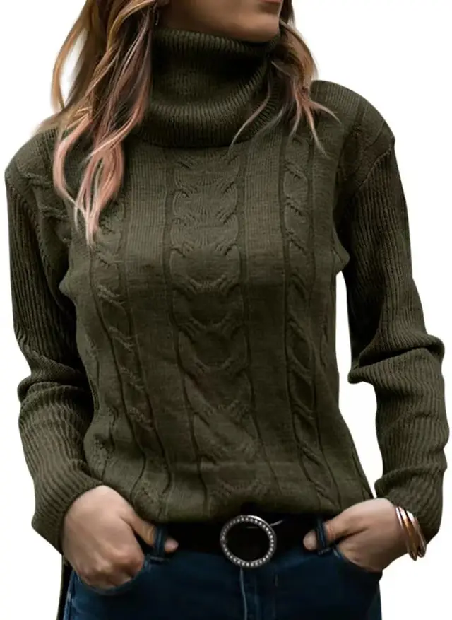 Solid Color Turtleneck Sweater Retro Long Sleeve Sweater Army Green - Shop at LoveMi