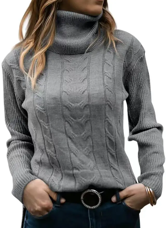 Solid Color Turtleneck Sweater Retro Long Sleeve Sweater Gray - Shop at LoveMi