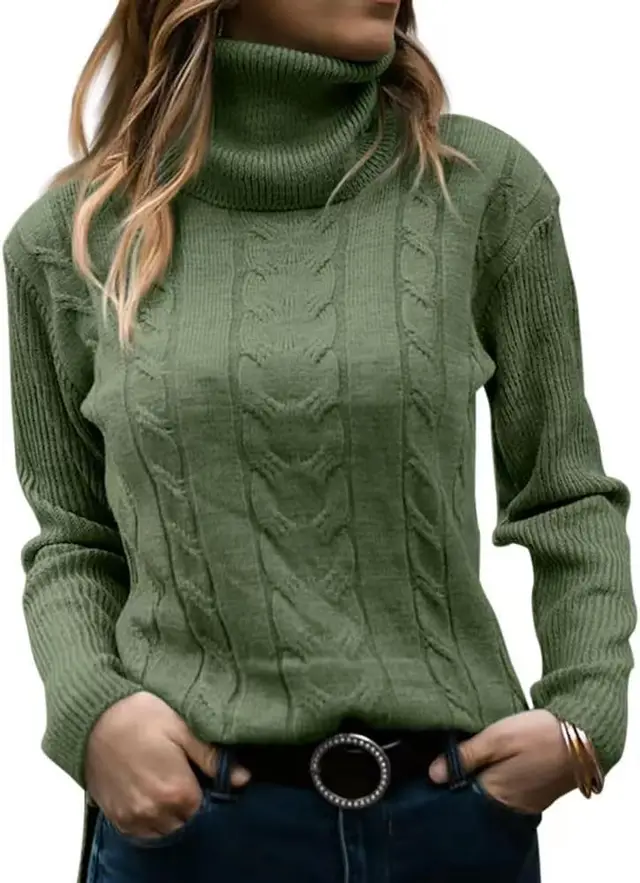 Solid Color Turtleneck Sweater Retro Long Sleeve Sweater Light Green - Shop at LoveMi