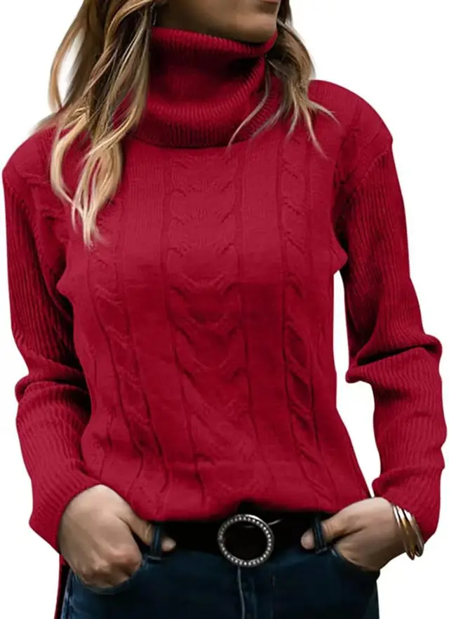 Solid Color Turtleneck Sweater Retro Long Sleeve Sweater Red - Shop at LoveMi