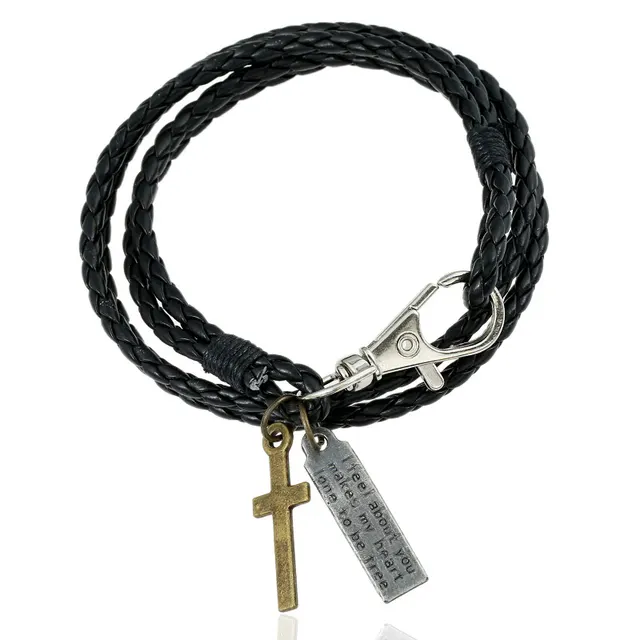 PU Woven Leather Cowhide Bracelet Double Ring Punk Jewelry Black - Shop at LoveMi
