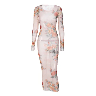 Fashion Mesh Printed Sexy See through Round Neck Dress Women Apricot - Shop at LoveMi