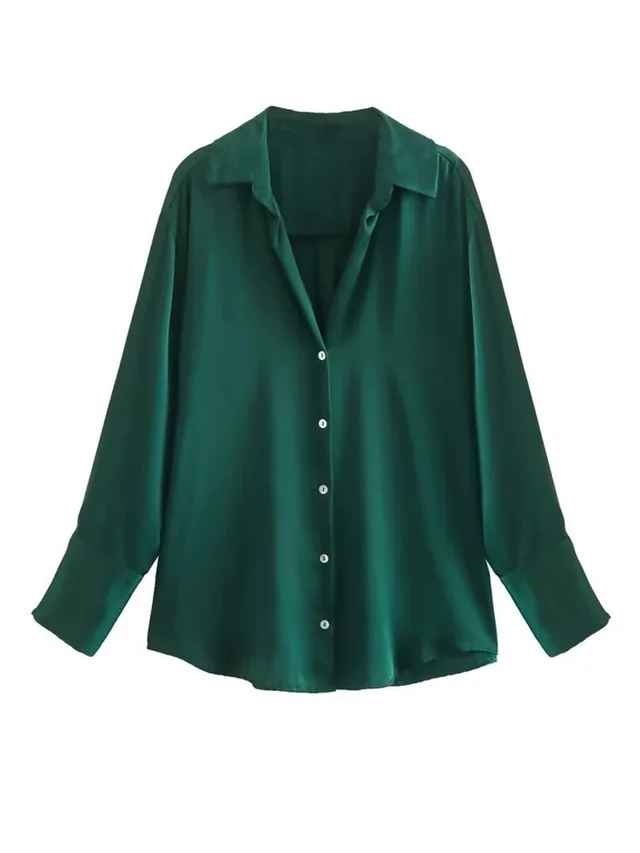 All match Silk Satin Texture Draping Long sleeved Shirt For Women Dark Green - Shop at LoveMi