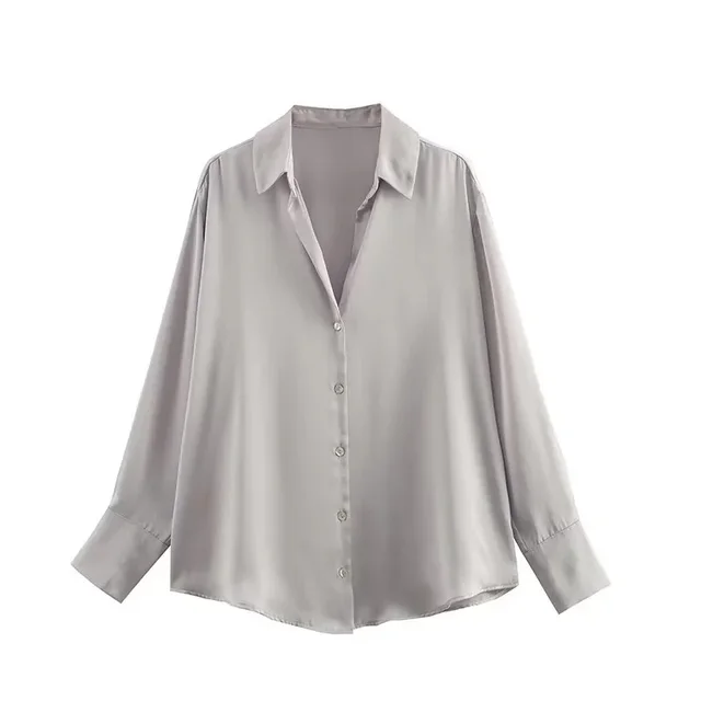 All match Silk Satin Texture Draping Long sleeved Shirt For Women Light Gray - Shop at LoveMi