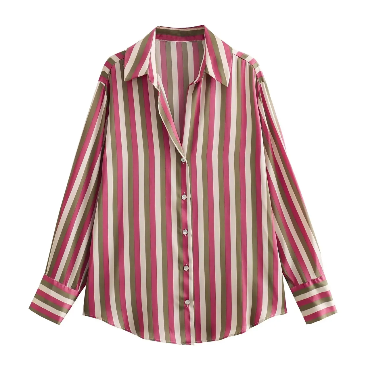 All-match Silk Satin Texture Draping Long-sleeved Shirt For Women - Three Color Pink