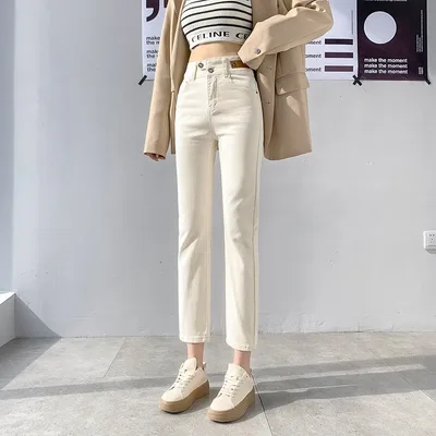 Autumn And Winter Stretch Fleece Ankle tied Straight Jeans Women's Cropped Pants Small White - Shop at LoveMi
