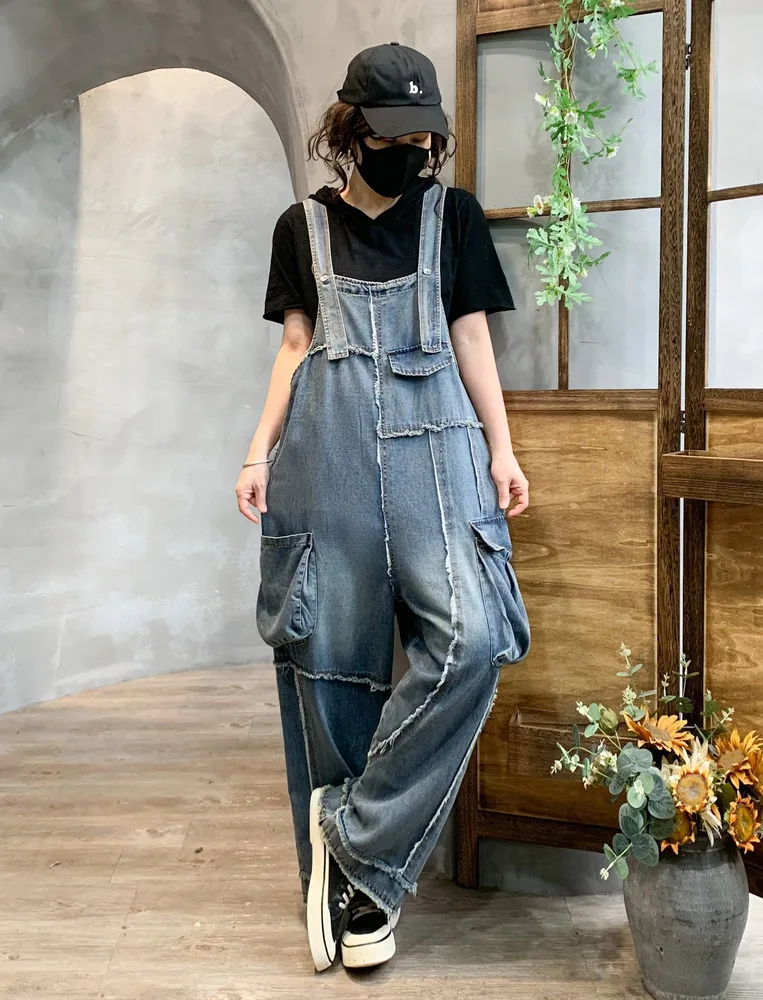 Retro Raw Hem Denim Overalls Blue - Shop at LoveMi