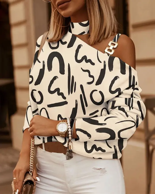Women's Long sleeved Chain On Neck Printed Fastener Decoration Top Beige Letters - Shop at LoveMi