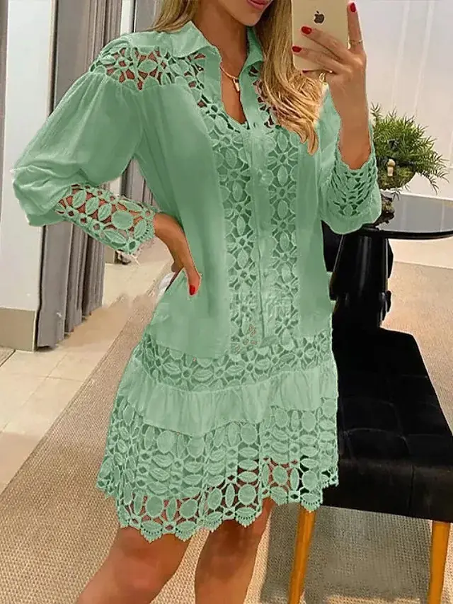 Early Autumn New Lace Stitching Sexy Casual Shirt Green - Shop at LoveMi