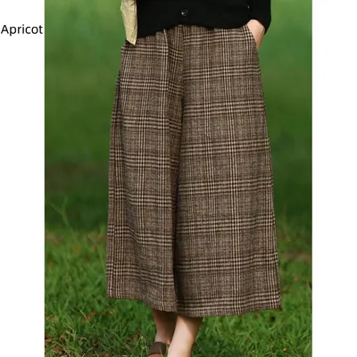 Women's Western Style Checkered Slim Fit Casual Cropped Wide Leg Pants Apricot - Shop at LoveMi