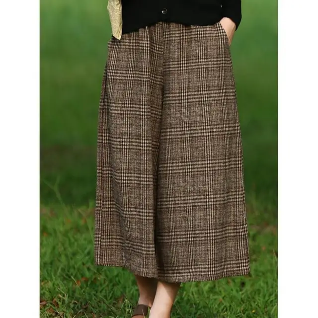 Women's Western Style Checkered Slim Fit Casual Cropped Wide Leg Pants Brown - Shop at LoveMi