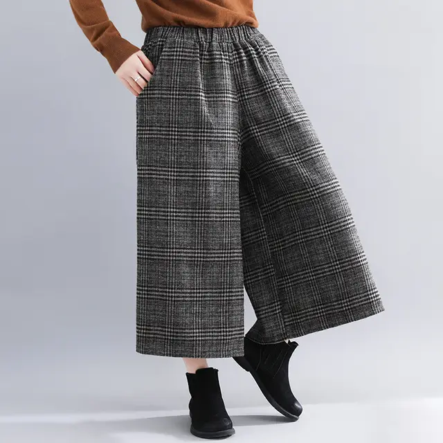 Women's Western Style Checkered Slim Fit Casual Cropped Wide Leg Pants Gray - Shop at LoveMi