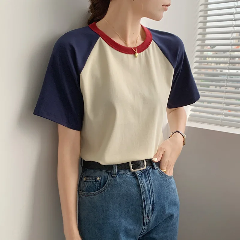 Retro Patchwork Contrast Color Round Neck Short Sleeve - Apricot