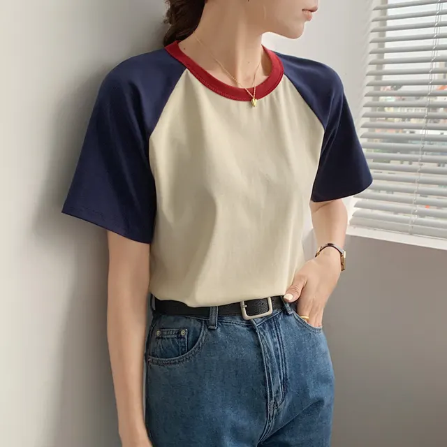 Retro Patchwork Contrast Color Round Neck Short Sleeve Apricot - Shop at LoveMi