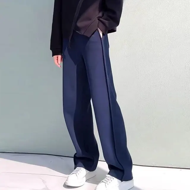 Fleece lined Thick Track Pants Women's Wide leg Pants Dark Blue Spring And Autumn - Shop at LoveMi