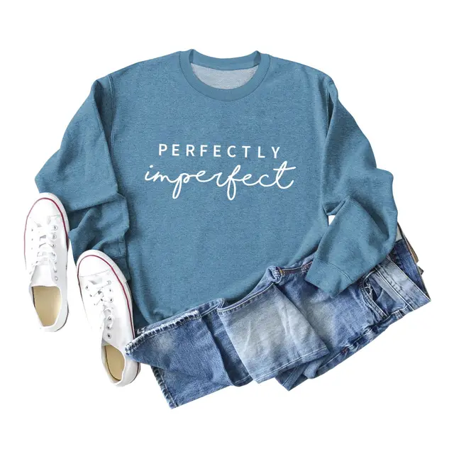 PERFECTLY Imperfect Simple Round Neck Women's Long Sleeve Sweater Blue White Sweatshirt Font - Shop at LoveMi