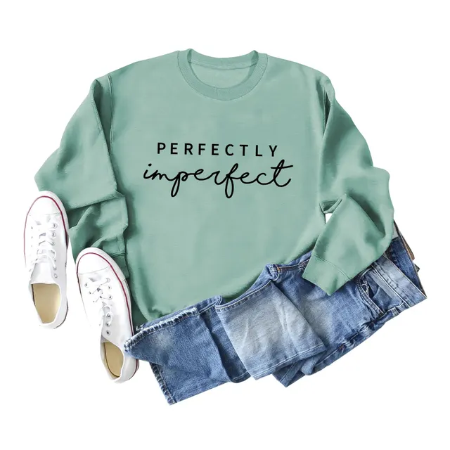 PERFECTLY Imperfect Simple Round Neck Women's Long Sleeve Sweater Light Green Black Sweater Font - Shop at LoveMi