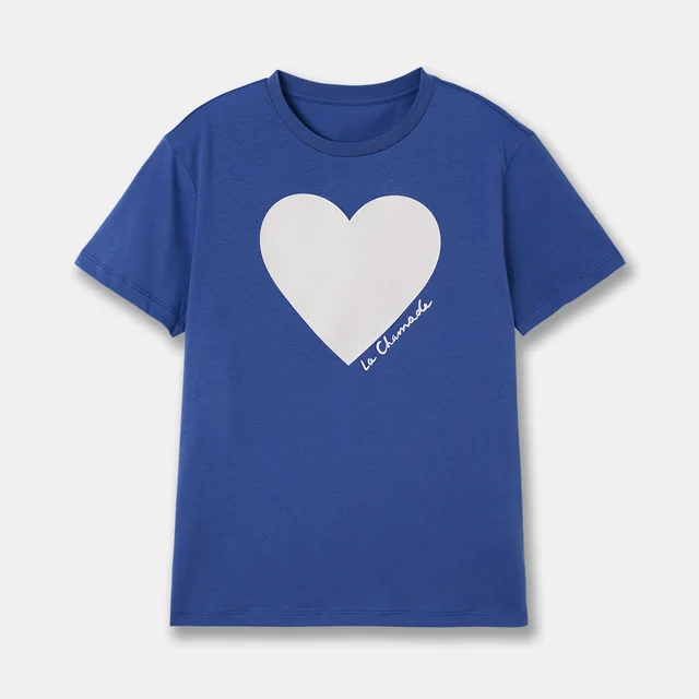 Spring Heart Print Loose Round Neck T shirt Blue - Shop at LoveMi