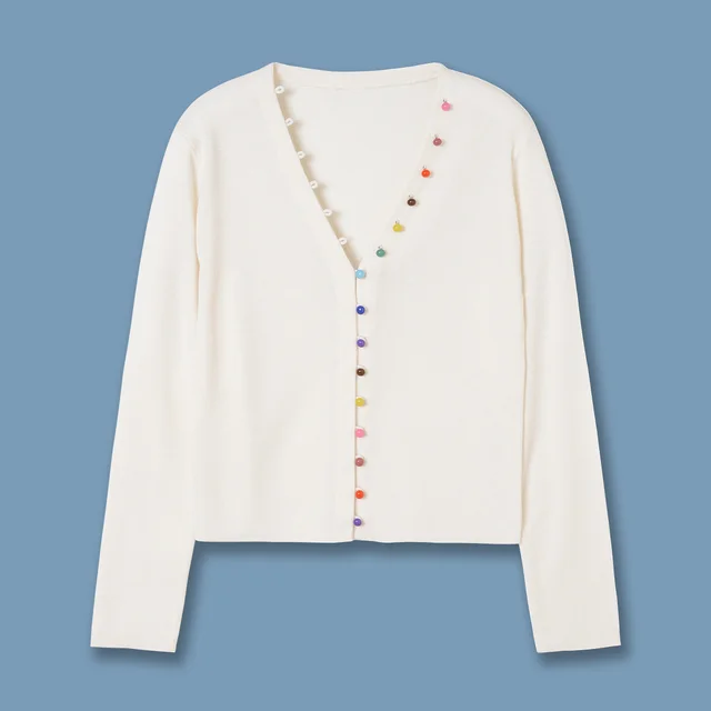 V neck White Wool Cardigan 24 Years Spring New Rainbow Buckle Knitted Coat Elegant Sweater White - Shop at LoveMi